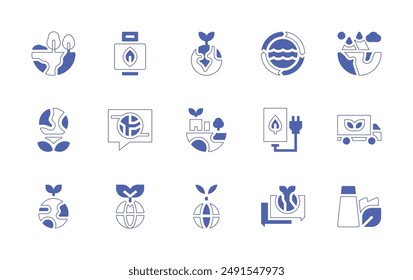 Sustainability icon set. Duotone style line stroke and bold. Vector illustration. Containing sustainable, sustainability, chat, earth, greenenergy, greenfactory, speechbubble, truck.