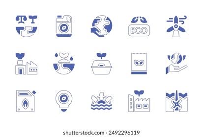 Sustainability icon set. Duotone style line stroke and bold. Vector illustration. Containing foodcontainer, sustainability, ecology, factory, watermill, waterenergy, lightbulb, shoppingbag.