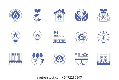 Sustainability icon set. Duotone style line stroke and bold. Vector illustration. Containing ecology, sustainable, world, ecohome, water, earth, hydroelectricdam, industry, lightbulb.