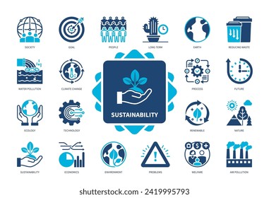 Symbol für Nachhaltigkeit eingestellt. Erde, Wasserverschmutzung, Menschen, Klimawandel, Erneuerbare, Verschmutzung, Wirtschaft, Umwelt. Duotone-Farbsymbole