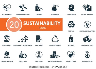 Sustainability icon set. Eco Friendly, Green Innovation, Organic, Zerowaste, Think Green, Global Warming, Recycle, Energy Consumption, Sustainable, Sustainable Development icons and more