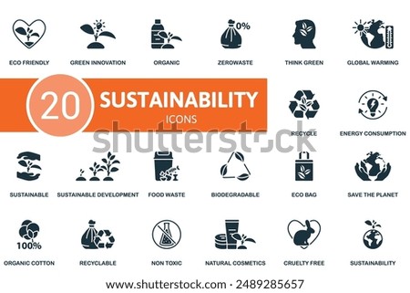 Sustainability icon set. Eco Friendly, Green Innovation, Organic, Zerowaste, Think Green, Global Warming, Recycle, Energy Consumption, Sustainable, Sustainable Development icons and more