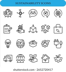 Conjunto de iconos de sostenibilidad en estilo lineal.  Incluye diseños como manos que sostienen un globo, flechas que indican ciclos, un Portapapeles con una marca de verificación y una bombilla con una planta en el interior.
