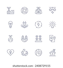 Conjunto de iconos de sostenibilidad. Icono de línea delgada. Trazo editable. Conteniendo energía verde, energía hídrica, energía renovable, bombilla, reciclable, casa ecológica, sostenibilidad, energía sostenible, ecología.