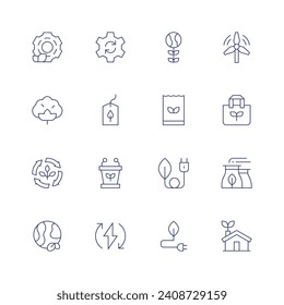 Sustainability icon set. Thin line icon. Editable stroke. Containing world, windmill, shopping bag, eco bag, green energy, factory, eco house, sustainable, responsible, electricity, process, planet.