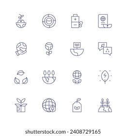 Sustainability icon set. Thin line icon. Editable stroke. Containing eco battery, environment, ecology, eco tag, sustainability, sustainable, green planet, green energy, world, growth, sprout, hand.
