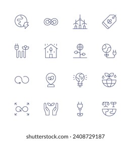 Sustainability icon set. Thin line icon. Editable stroke. Containing wind turbine, tag, natural, planet, green energy, earth, world trade, sustain, sustainable, green city, environment protection.