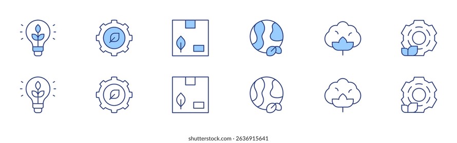 Sustainability icon set in two styles, Duotone and Thin Line style. Editable stroke. sustainable energy, planet earth, gear, cotton, eco packaging, process.