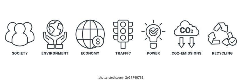 Concepto del Vector del sistema del icono de la sostenibilidad con el icono de la sociedad, económico, tráfico, poder, emisión del CO2, reciclaje
