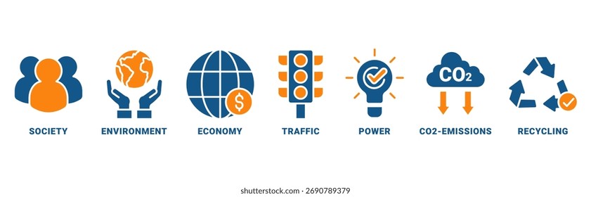Concepto del Vector del sistema del icono de la sostenibilidad con el icono de la sociedad, económico, tráfico, poder, emisión del CO2, reciclaje