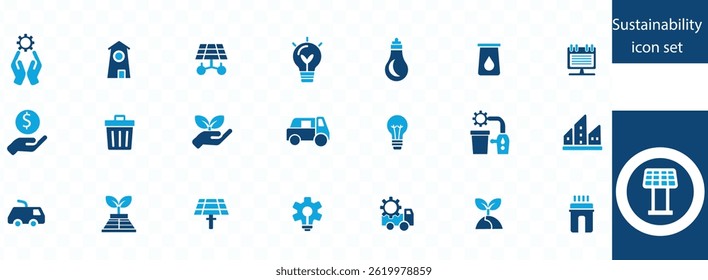 Sustainability icon set. waste, sustainable development, green, energy consumption, solar, save water, eco-friendly, AND MORE