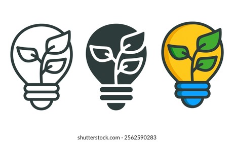 Sustainability icon with several styles. Contains a light bulb with growing leaves symbolizing eco-friendly innovation, renewable energy, and commitment to environmental responsibility.