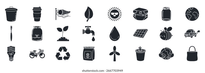 sustainability icons in a clean, flat vector style. This collection covers themes of green energy, recycling, conservation, nature, and an eco-friendly lifestyle.