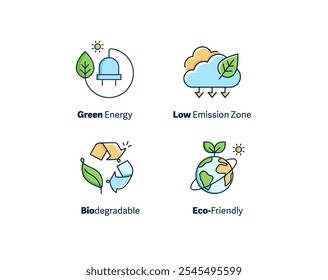 Coleção De Ícones De Sustentabilidade: Energia Verde, Biodegradável, Zona De Baixa Emissão, Ecológica. Conjunto de ícones vetoriais.