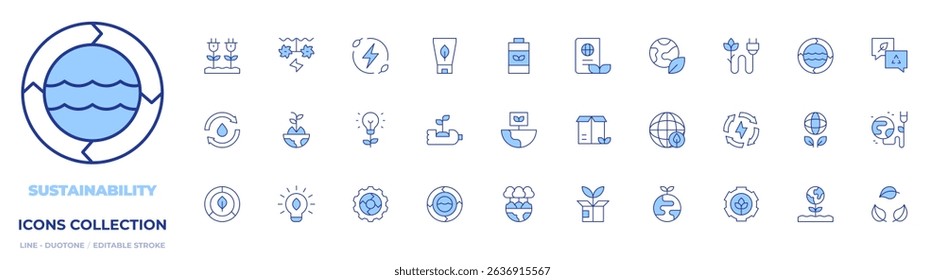 Sustainability icons collection. Line Duotone style, editable stroke. green energy, water energy, innovation.