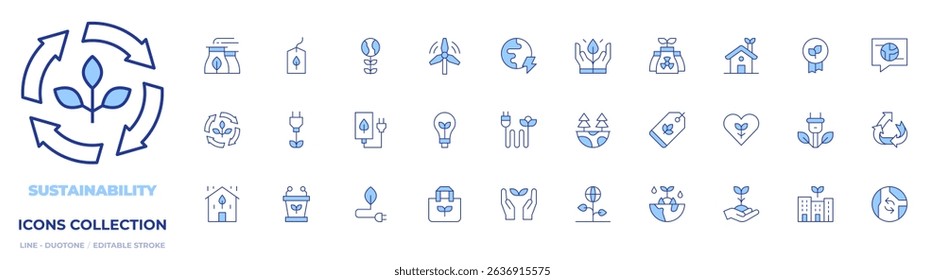 Sustainability icons collection. Line Duotone style, editable stroke. sustainability, sustainable, world, windmill, earth, sprout, upcycling, environment protect.