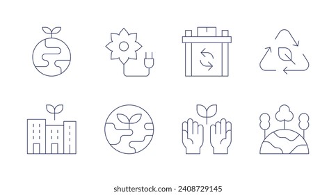 Sustainability icons. Editable stroke. Containing reusable, ecologism, eco, sustainable energy, green planet, earth, environment, sustainable.