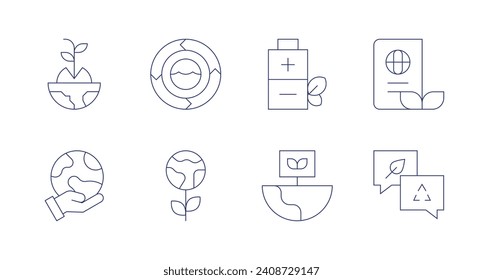 Sustainability icons. Editable stroke. Containing eco battery, environment, sustainability, sustainable, green planet, sprout, hand.