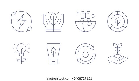 Iconos de sostenibilidad. Trazo editable. Conteniendo ecología, eco-friendly, agua, brote, sustentable, empaque ecológico, innovación, energía verde.