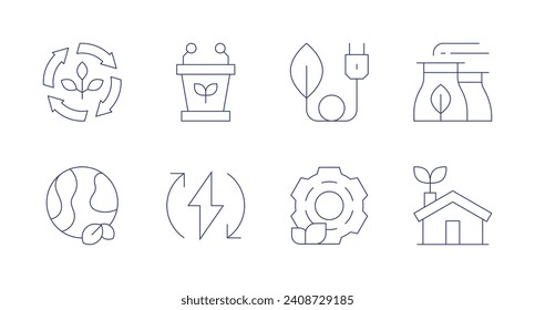 Iconos de sostenibilidad. Trazo editable. Conteniendo energía verde, fábrica, casa ecológica, responsable, electricidad, proceso, planeta tierra, sostenibilidad.