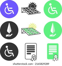 Sustainability Icons, Including Accessibility For The Disabled, Sustainable, Environmental Or Green Certificates, And Renewable Energy (solar Panels), In Black And White, And Also In Color, Vectorized