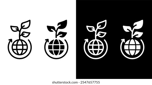 Sustainability icons on white and black background . Contains an earth icon with small green leaves growing, surrounded by circular arrows, symbolizing sustainability and environmental renewal