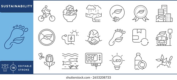 Sustainability icons set. Eco-friendly, plant based food, water sustain, architecture, reduction, marine, biodiversity, energy saving, climate action, and many more. Vector editable stroke.