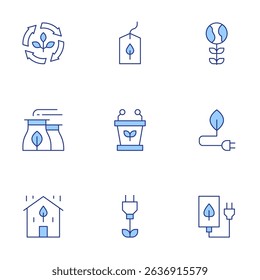 Sustainability icons set. Line Duotone style, editable stroke. sustainability, sustainable, world, factory, responsible, green energy.