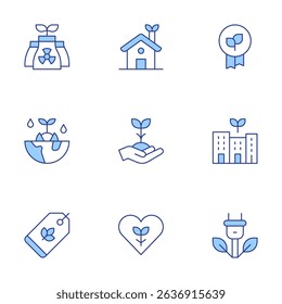 Sustainability icons set. Line Duotone style, editable stroke. green energy, eco house, badge, ecology, sprout, sustainable, tag, eco friendly, sustainable energy.