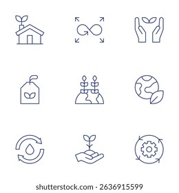 Sustainability icons set. Thin Line style, editable stroke. water, eco tag, eco house, sprout, growth, environment protection, responsible consumption, sustainable, ecology.