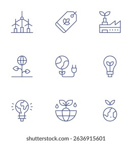 Sustainability icons set. Thin Line style, editable stroke. wind turbine, tag, natural, planet, green energy, earth, eco factory, sustainability.
