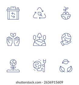 Sustainability icons set. Thin Line style, editable stroke. reusable, ecologism, planet earth, eco, green planet, green energy, sprout, hand, biodegradable.