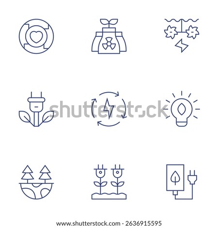 Sustainability icons set. Thin Line style, editable stroke. green energy, water energy, renewable energy, light bulb, sustainability, sustainable energy, ecology.