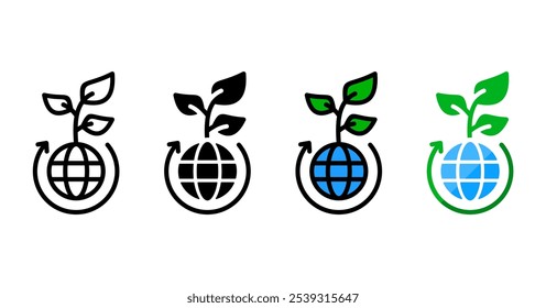 Sustainability icons with several styles. Contains an earth icon with small green leaves growing, surrounded by circular arrows, symbolizing sustainability and environmental renewal.