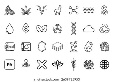 Sustainability icons vector set: eco-friendly, renewable resources, natural materials, and environmental conservation symbols for sustainable business practices (line art)