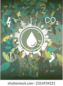Sustainability icons vector silhouettes - nature with leaves background