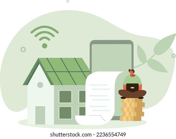 Sustainability illustration .Character calculating and paying electricity, utilities and household invoice bills.