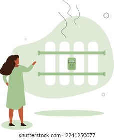 Sustainability illustration .Character monitoring private central heating meter