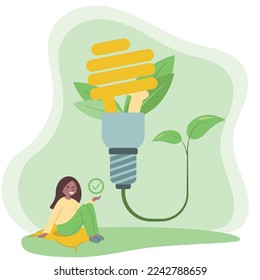 Sustainability illustration. Character reduces energy consumption at home by using energy saving light bulb. Green electricity and power save concept. Vector illustration.