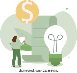 Sustainability illustration .Character using green electricity, paying less and saving money.