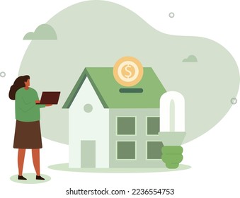 Sustainability illustration .Character using green electricity, paying less and saving money.consumption concept.