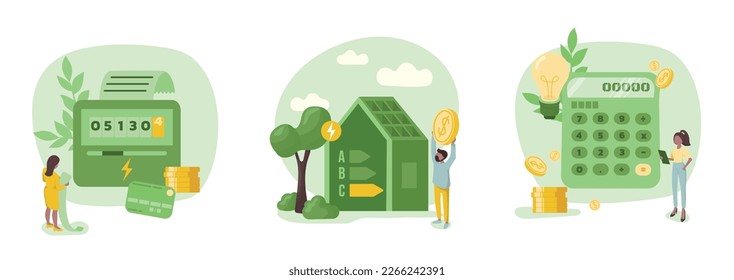 Sustainability illustration collection. Energy efficiency in household and industry. Checking heating meter and calculates household utility bill. Home energy efficiency audit concept. Flat vector.