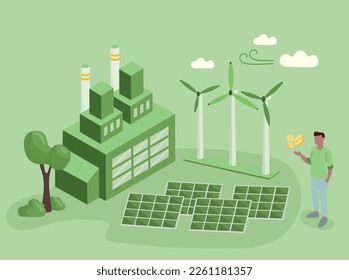 Sustainability illustration. ESG, green energy, sustainable industry with windmills and solar energy panels. Environmental, Social, and Corporate Governance concept. Vector illustration in flat style.