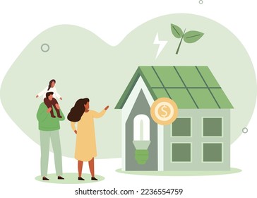 Sustainability illustration .family using green electricity, paying less and saving money.consumption concept.