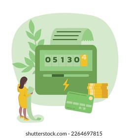 Sustainability illustration in flat style. Energy efficiency in household and industry. Person checks heating meter and calculates household utility bill. Home energy efficiency audit concept. Vector.