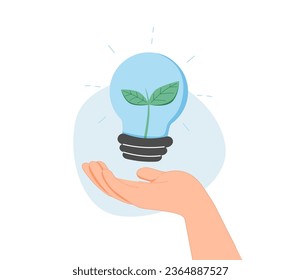 Sustainability illustration. Hand holding eco lightbulb with nature energy. Presenting ways to reduce CO2 emission footprint through carbon offset, credit and forest conservation. Low carbon concept