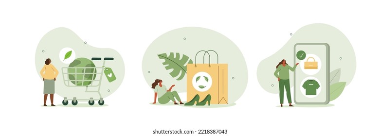 Sustainability illustration set. Characters buying recycling eco friendly clothes and textile consciously. Conscious consumption, slow fashion and responsible shopping concept. Vector illustration.
