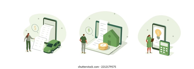 
Ilustración de sostenibilidad. Caracteres calculando y pagando facturas sostenibles de vivienda, auto eléctrico, electricidad y servicios públicos. Concepto de gestión de finanzas domésticas. Ilustración vectorial.
