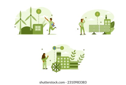 sustainability illustration set. characters can invent electricity from natural energy to reduce air pollution and greenhouse gases. green energy from natural concept. vector illustration.