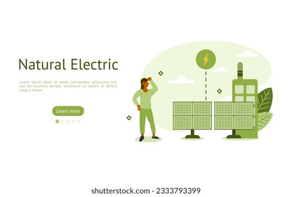 Nachhaltigkeitsgrafik-Set. Charaktere können Strom aus Sonnenenergie erfinden, um die Luftverschmutzung und die Treibhausgase zu verringern. grüne Energie aus Naturkonzept. Vektorgrafik.